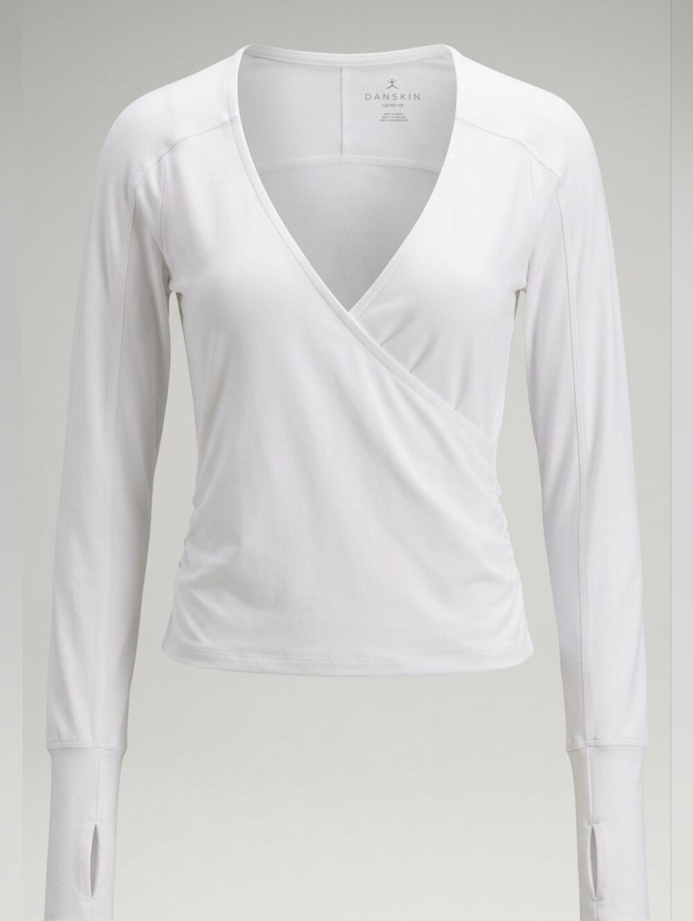 Danskin White Wrap Top Long Sleeve Cuffed Sleeves Thumb Holes Size XS